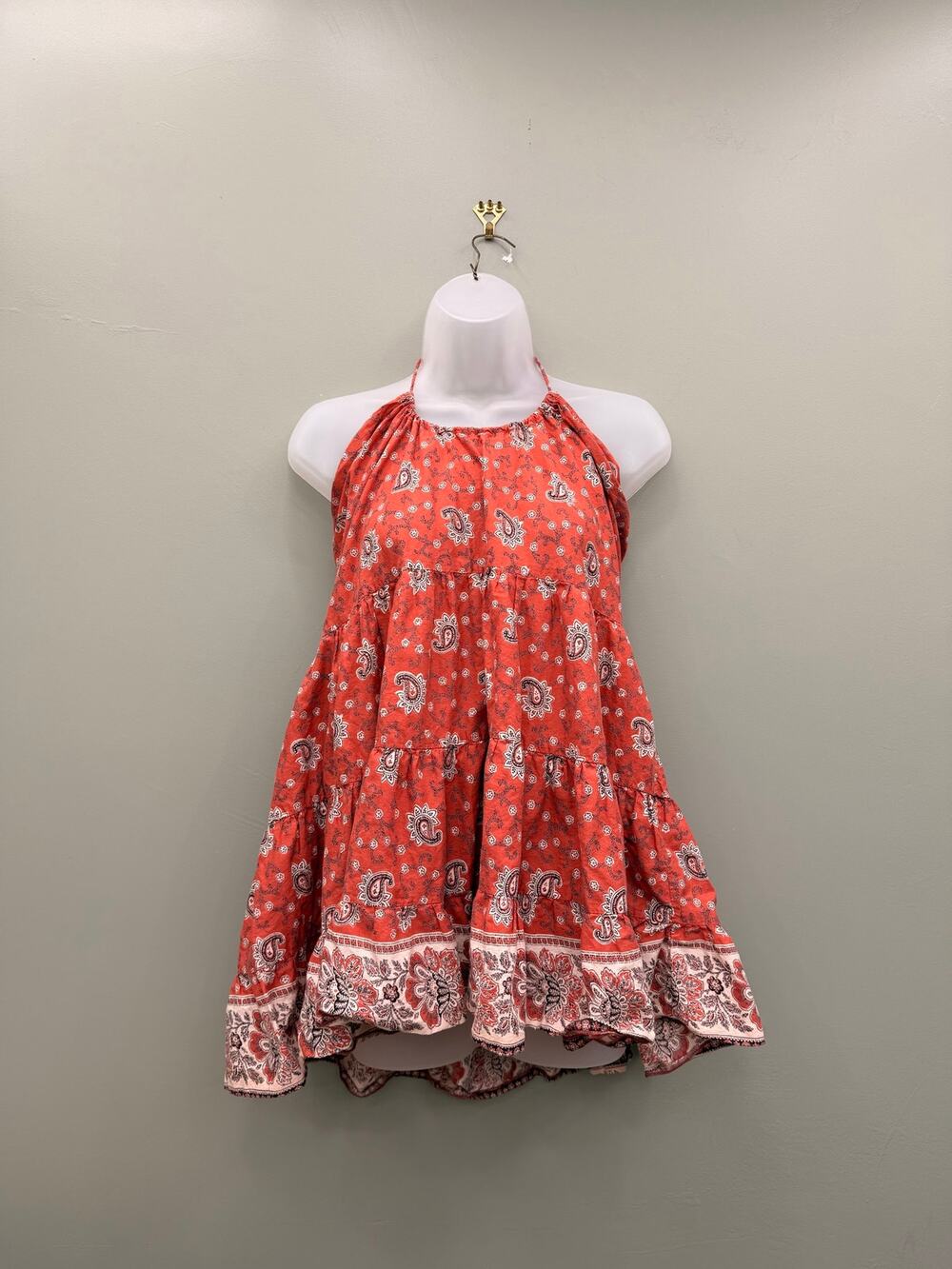 Angie Halter Mini Dress M Coral Paisley Tiered 100% Cotton Boho Festival